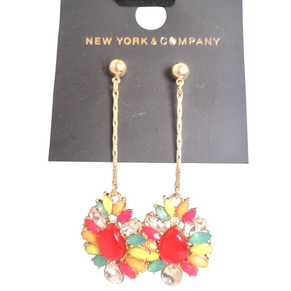 Gold Tone Drop Earrings Multicolor Resin Stones 2.75" Long Rhinestone, Gift Bag - Picture 4 of 13